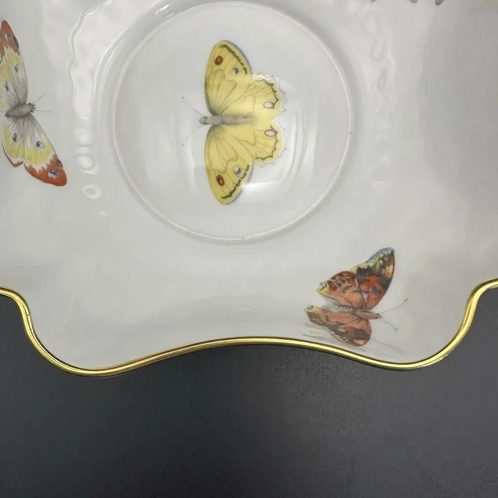 Antique L Bernardaud Limoges Butterfly Porcelain Bowls Pair Gold Gilt France